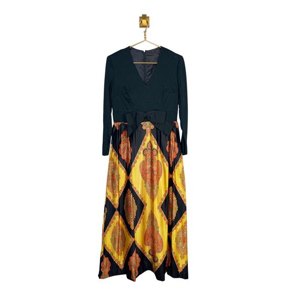 Vintage 70s Hostess Maxi Dress Gown Black Gold Paisley Bow V-Neck Long Sleeve - Picture 1 of 10